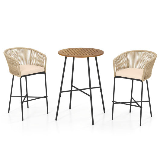 3 Pieces Rope Woven Patio Bar Set with Soft Cushions and Acacia Wood Tabletop-Beige