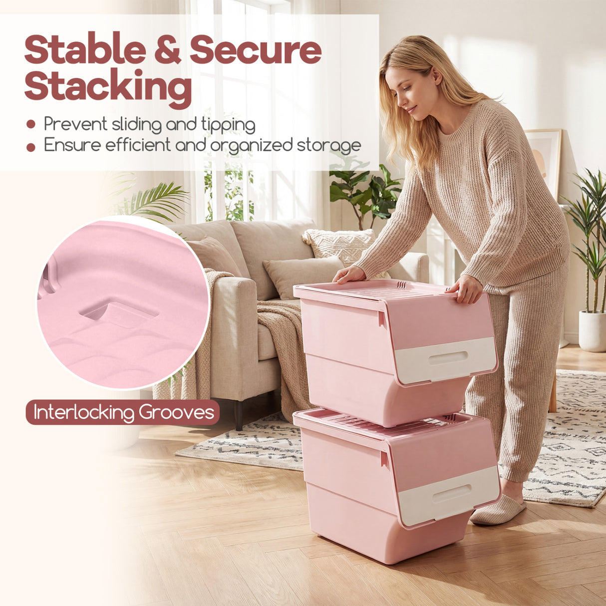 3 Pieces Storage Bins on Wheels Stackable Plastic Boxes with Stay-Open Lid (M)-Pink