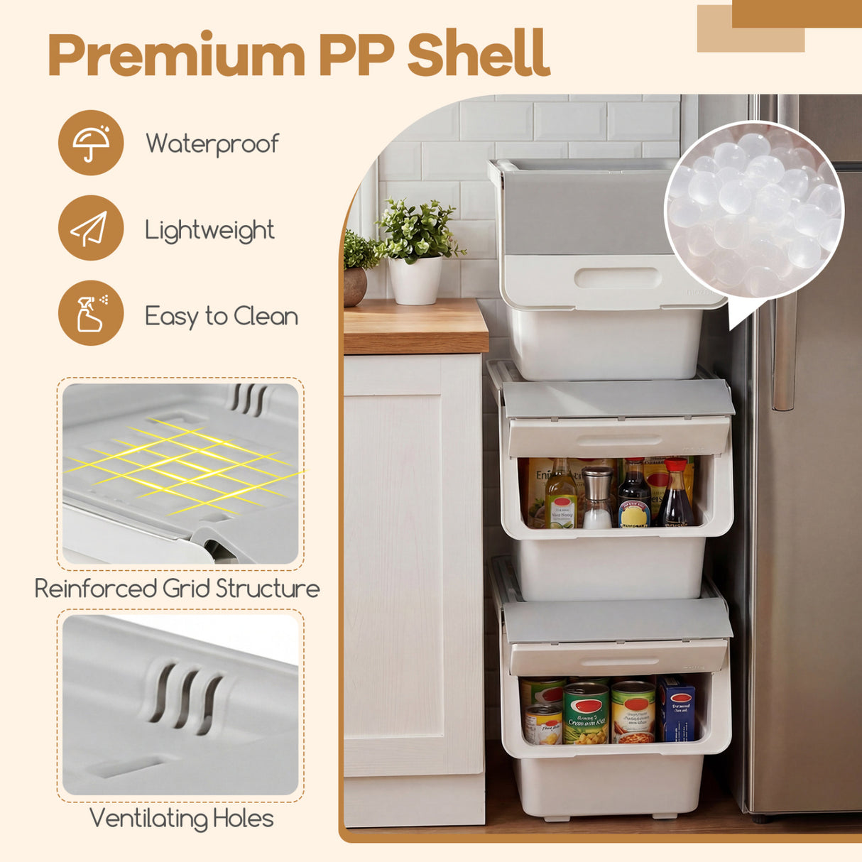 3 Pieces Storage Bins on Wheels Stackable Plastic Boxes with Stay-Open Lid (M)-Gray