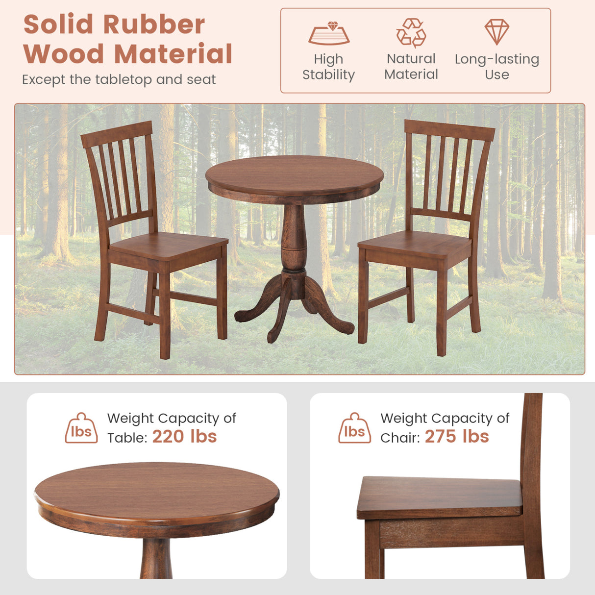 3 Pieces Wooden Dining Table and Chair Set for Cafe Kitchen Living Room