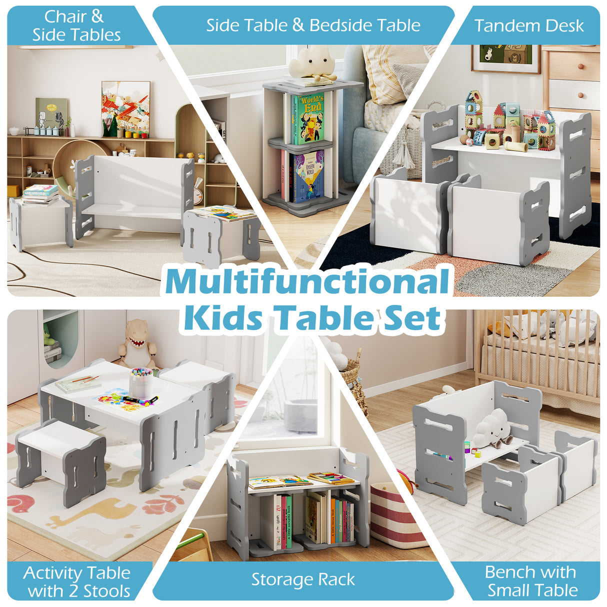 3-Piese Toddler Set with 2 Stools and Activity Table-Gray