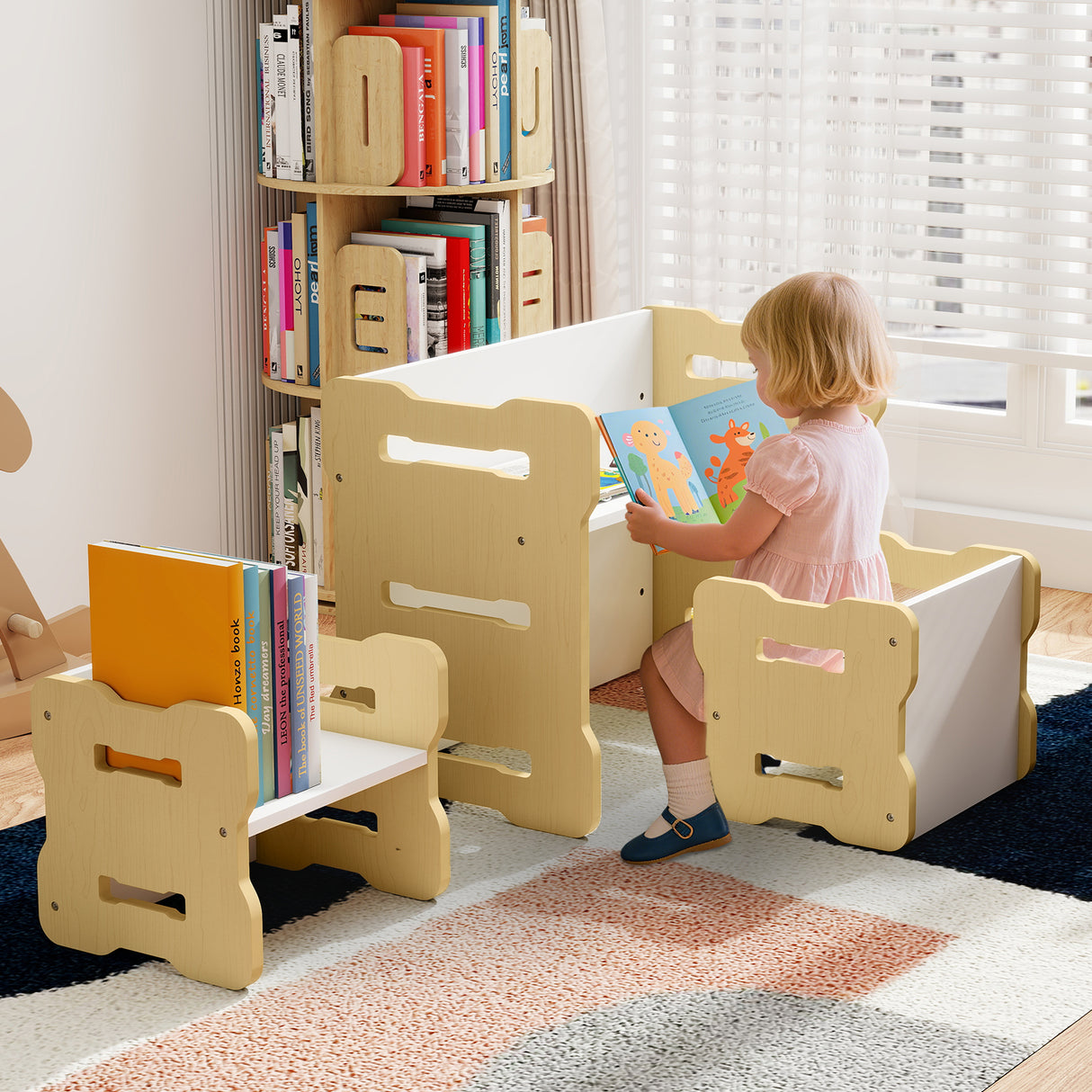 3-Piese Toddler Set with 2 Stools and Activity Table-Natural