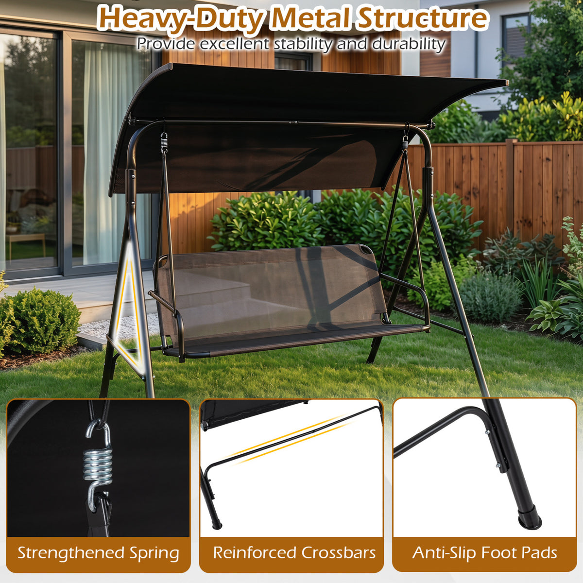 3-Seat Outdoor Patio Swing Chair with Breathable Mesh Fabrics-Beige