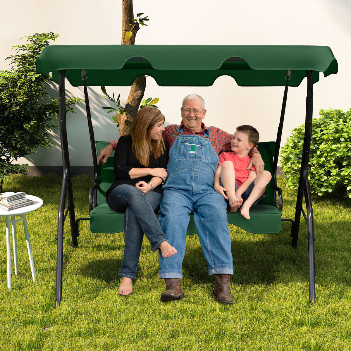3 Seat Outdoor Patio Canopy Swing with Cushioned Steel Frame-Dark Green