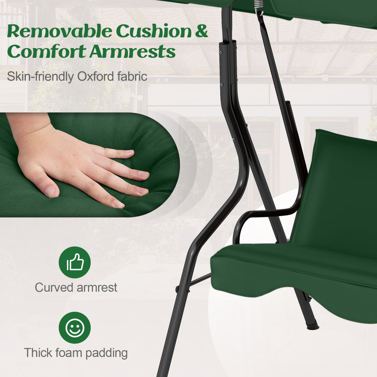 3 Seat Outdoor Patio Canopy Swing with Cushioned Steel Frame-Dark Green