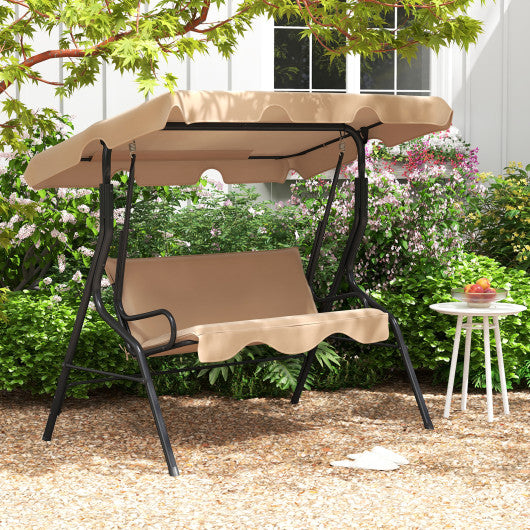 3 Seat Outdoor Patio Canopy Swing with Cushioned Steel Frame-Beige