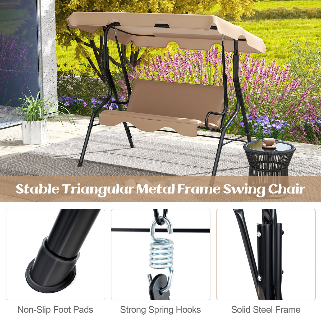 3 Seat Outdoor Patio Canopy Swing with Cushioned Steel Frame-Beige