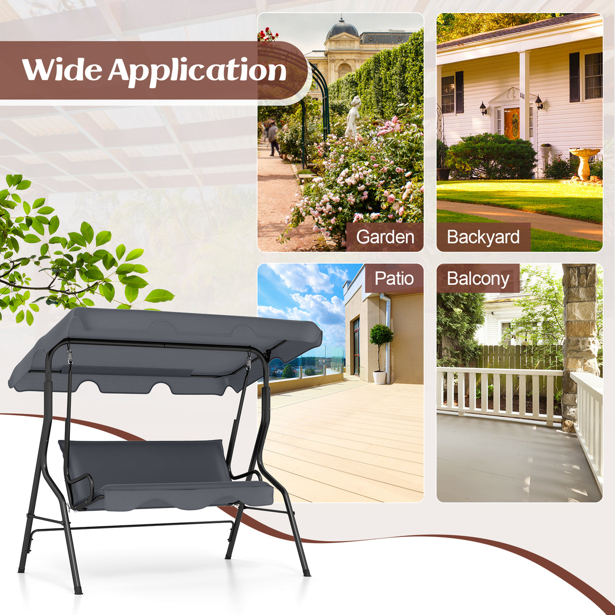 3-Seat Outdoor Patio Canopy Swing with Cushioned Steel Frame-Gray
