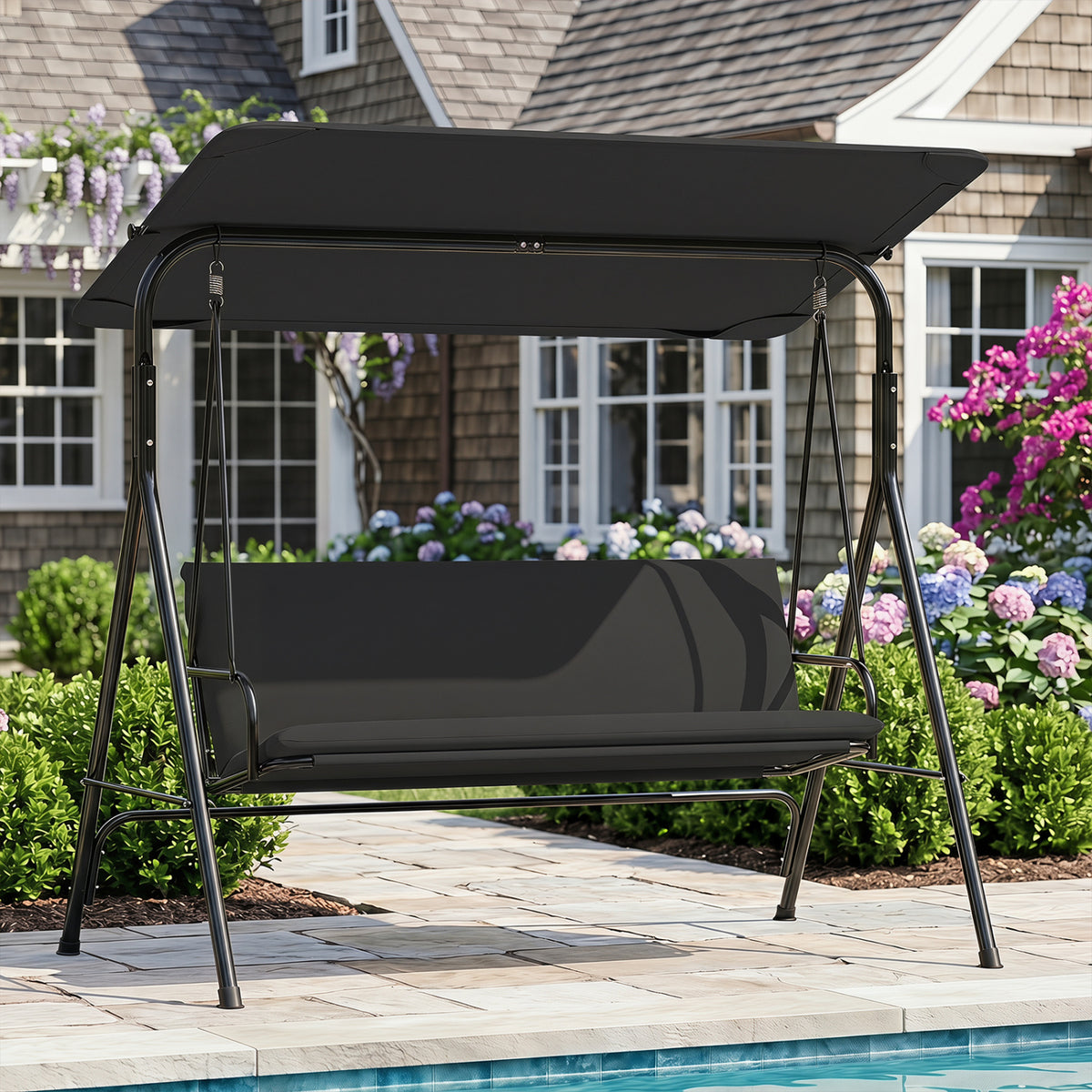 3-Seat Patio Swing Chair with Adjustable Canopy & Removable Cushion-Black