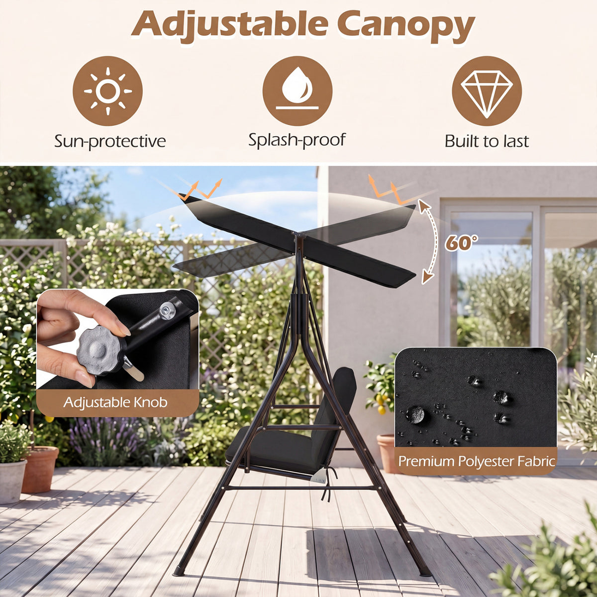 3-Seat Patio Swing Chair with Adjustable Canopy & Removable Cushion-Black