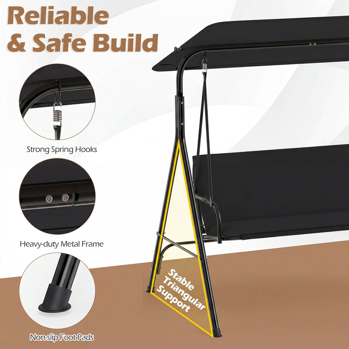 3-Seat Patio Swing Chair with Adjustable Canopy & Removable Cushion-Black