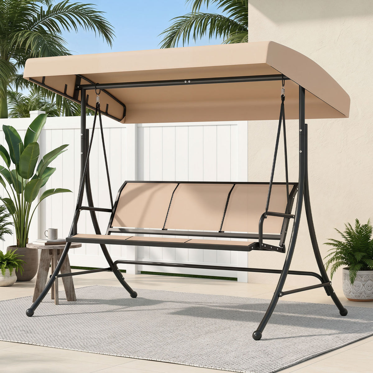 3-Seat Patio Swing Chair with Adjustable Canopy -Beige