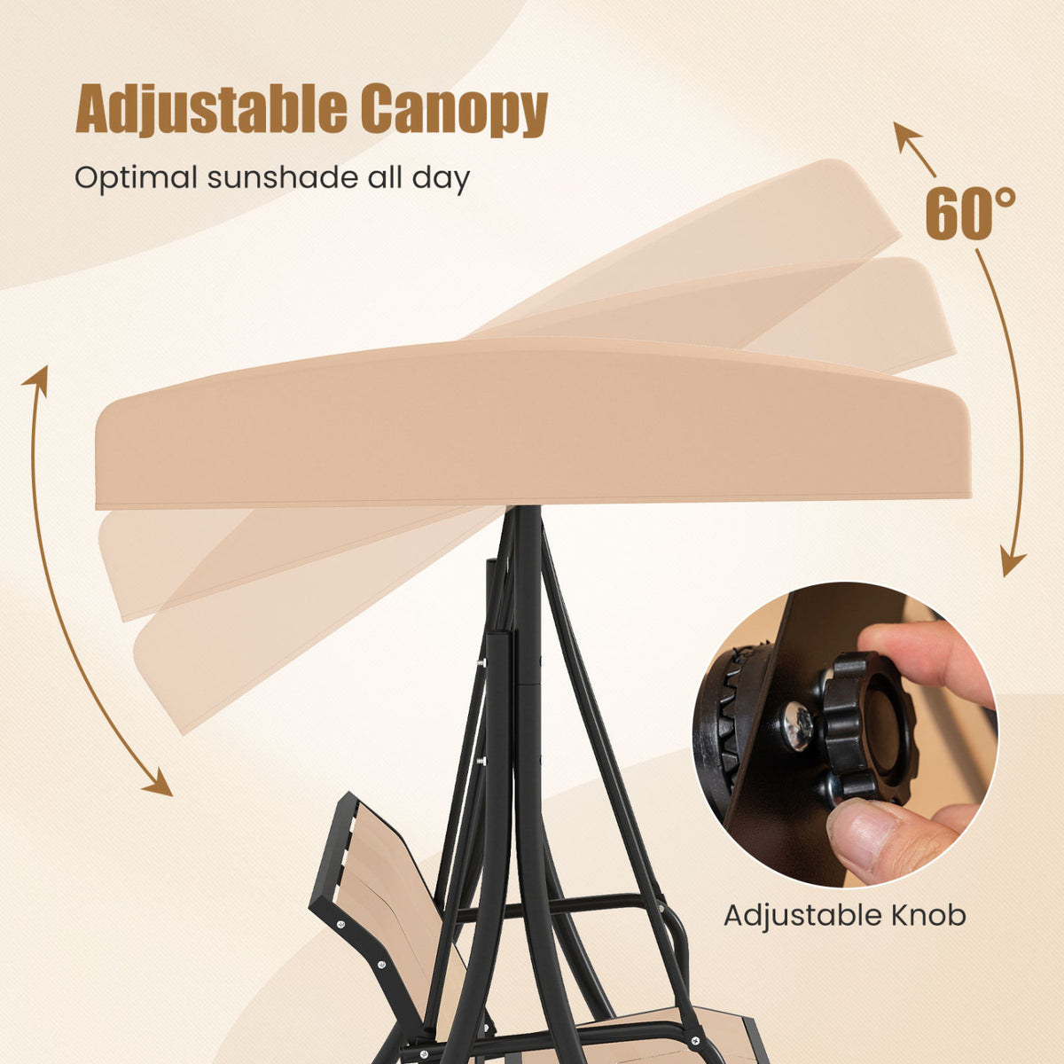 3-Seat Patio Swing Chair with Adjustable Canopy -Beige