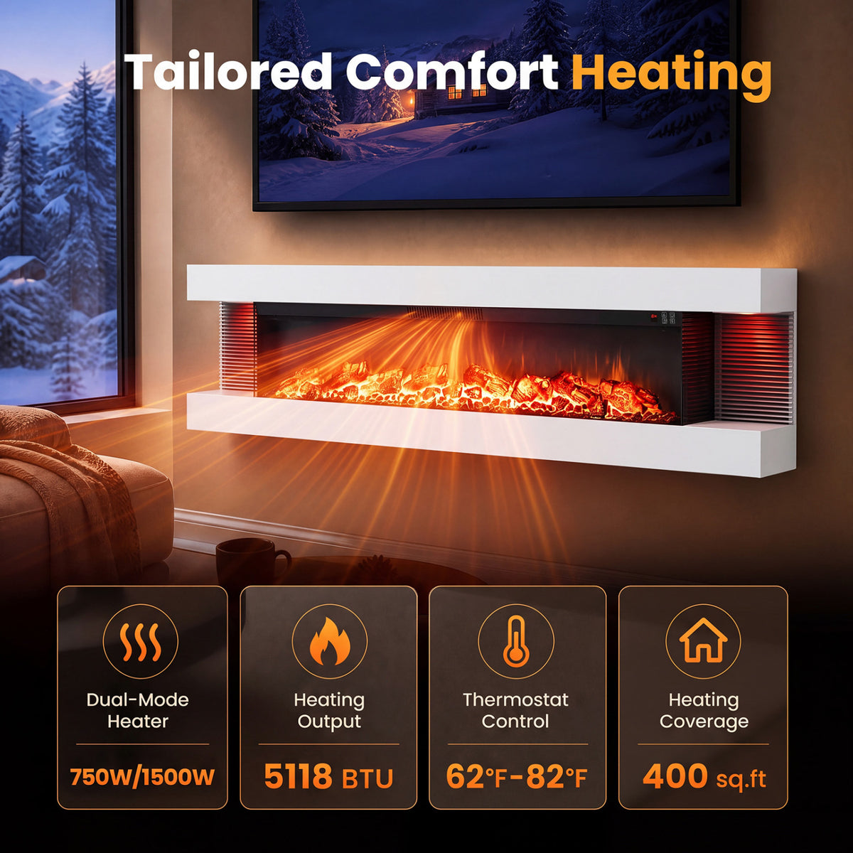3-Sided White Wall Mount Electric WiFi Fireplace with Floating Mantel and 12 Flame Ambient-60 Inches