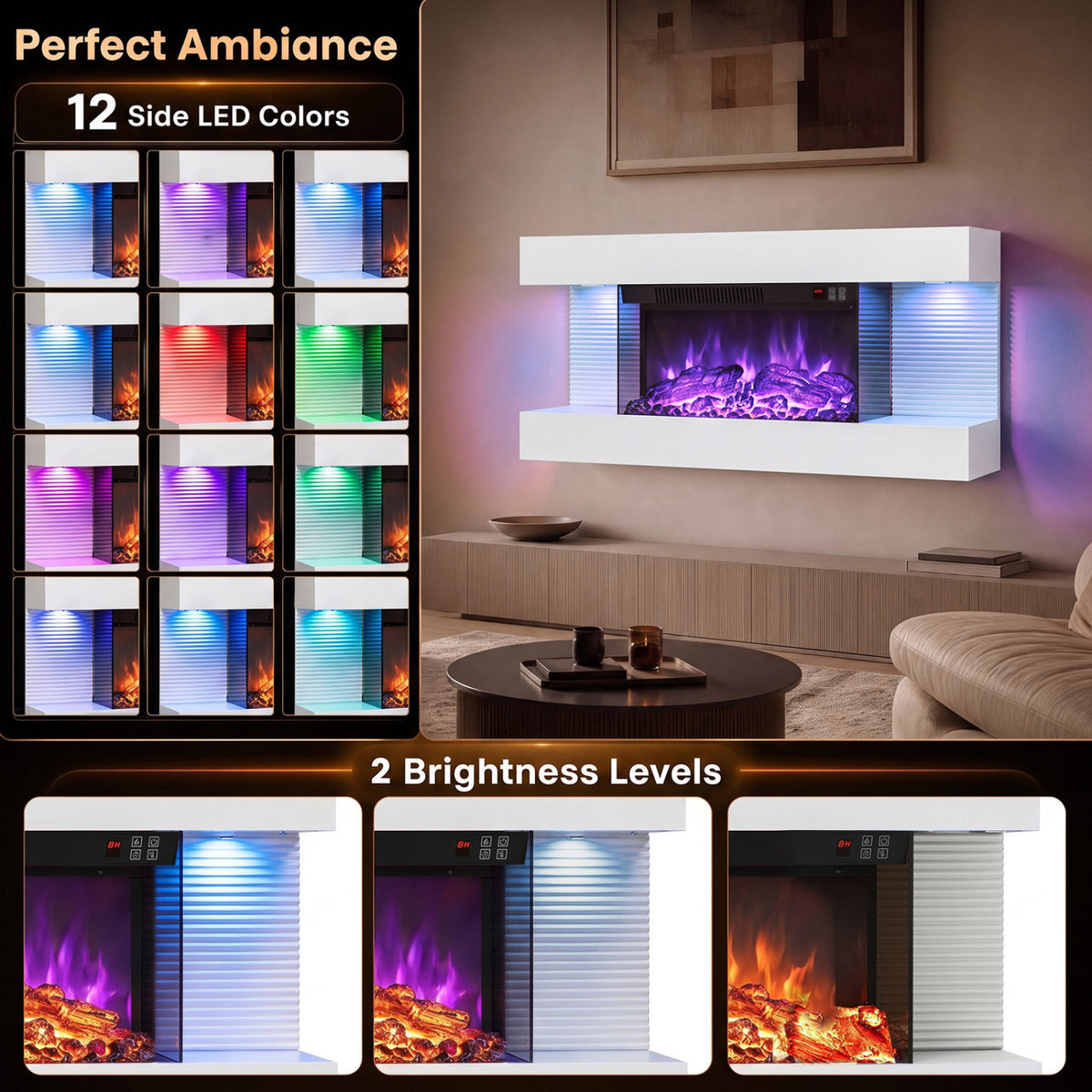 3-Sided White Wall Mount Electric WiFi Fireplace with Floating Mantel and 12 Flame Ambient Colors-32 inch