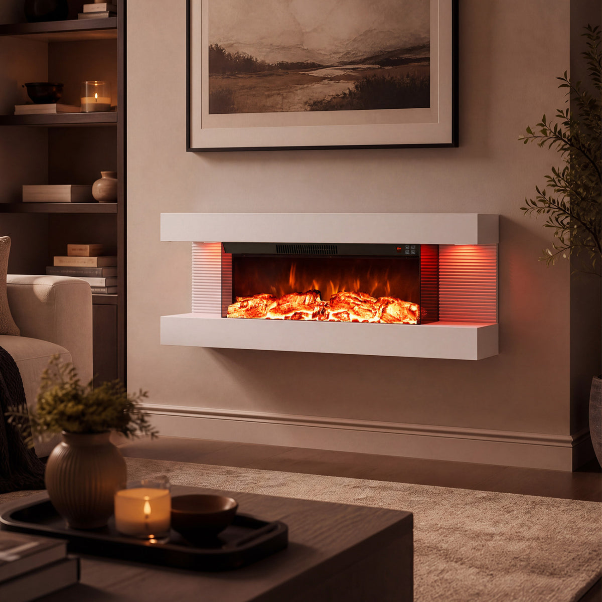 3-Sided White Wall Mount Electric WiFi Fireplace with Floating Mantel and 12 Flame Ambient Colors-40"