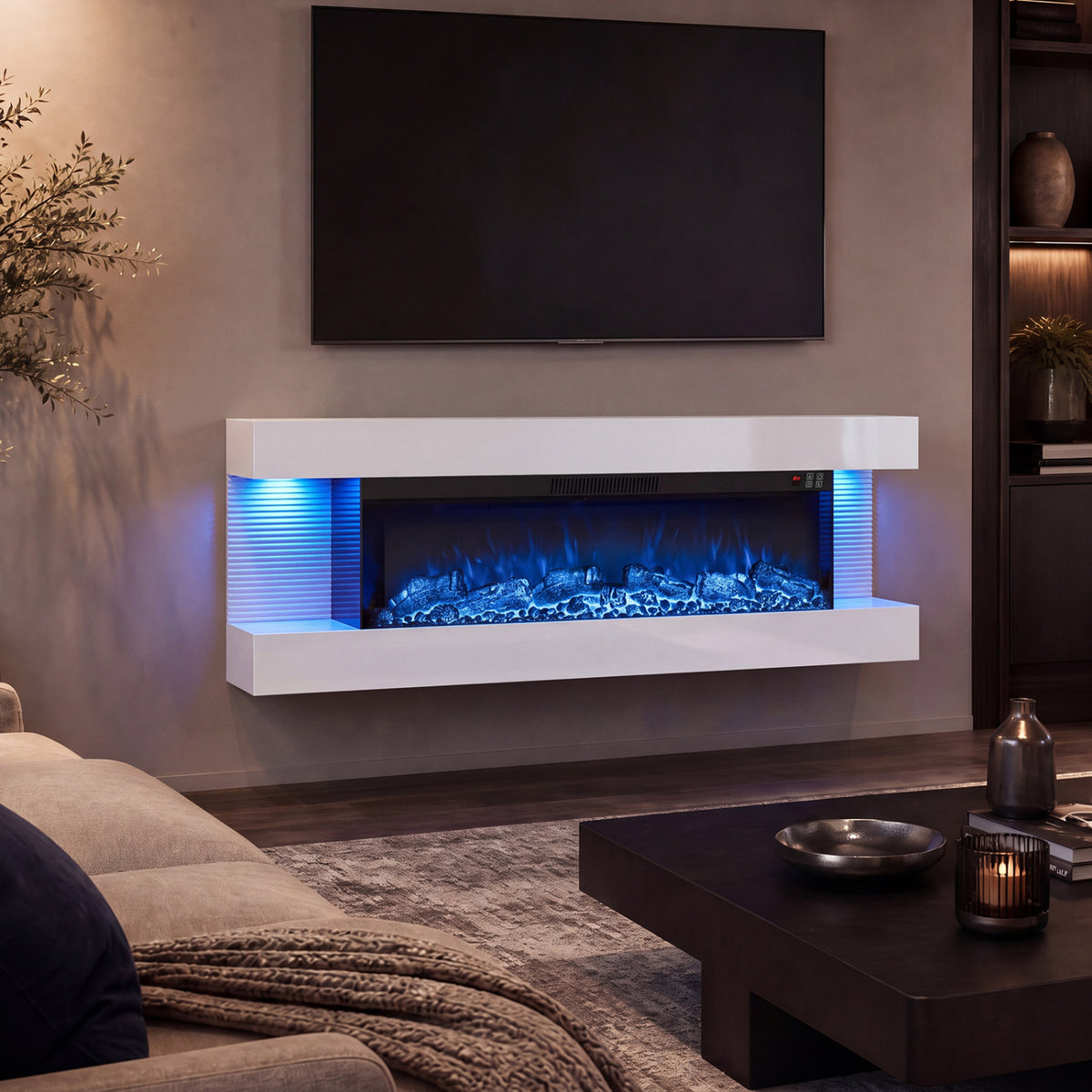 3-Sided White Wall Mount Electric WiFi Fireplace with Floating Mantel and 12 Flame Ambient Colors-50"