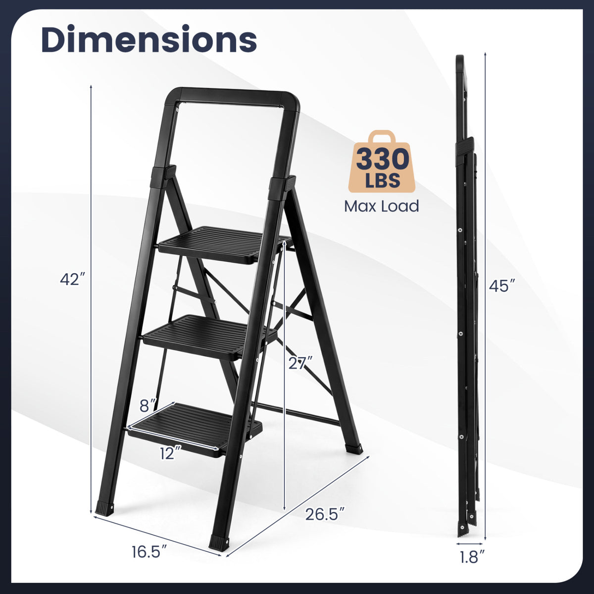 3 Step Black Folding Step Stool with Wide Anti-slip Pedals