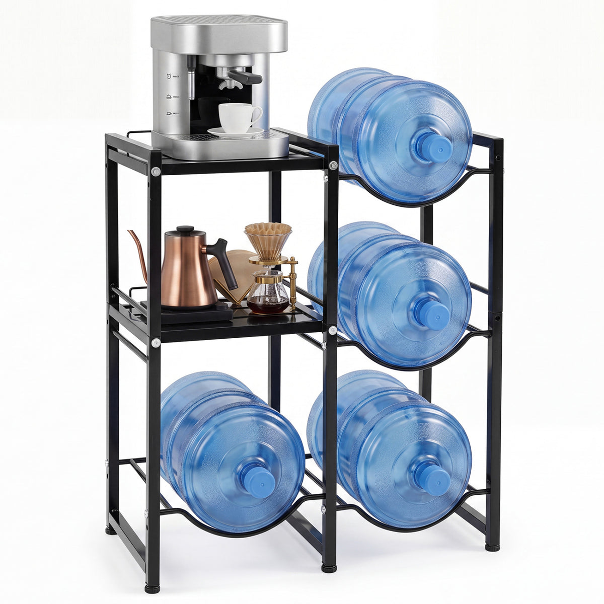 3-Tier 5 Gallon Water Jug Holder with Shelves-Black