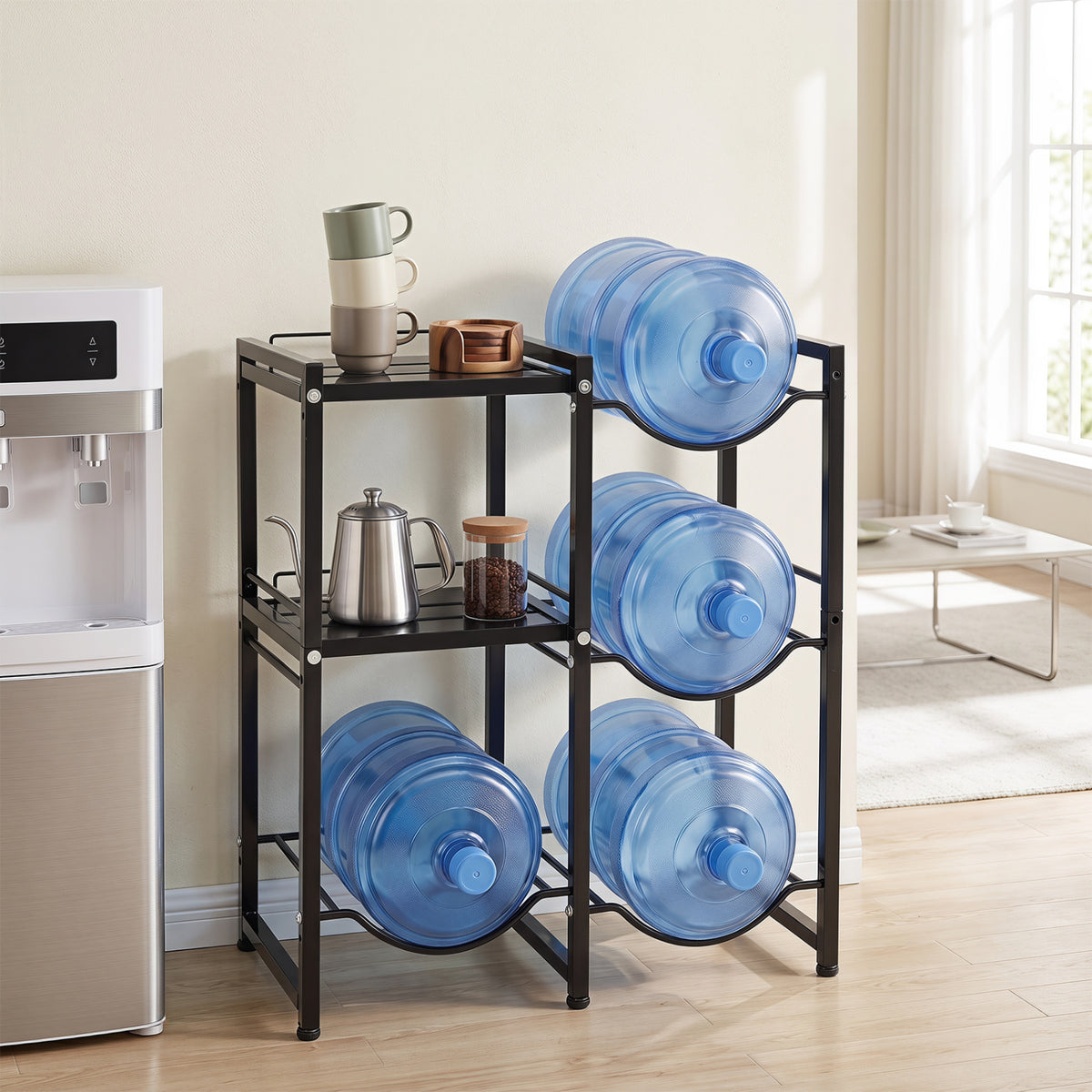 3-Tier 5 Gallon Water Jug Holder with Shelves-Black