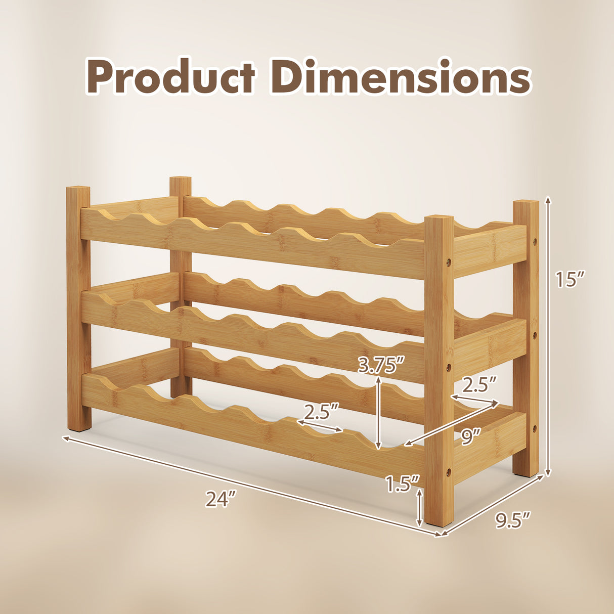 3-Tier Bamboo Freestanding Countertop Wine Bottle Organizer-Natural