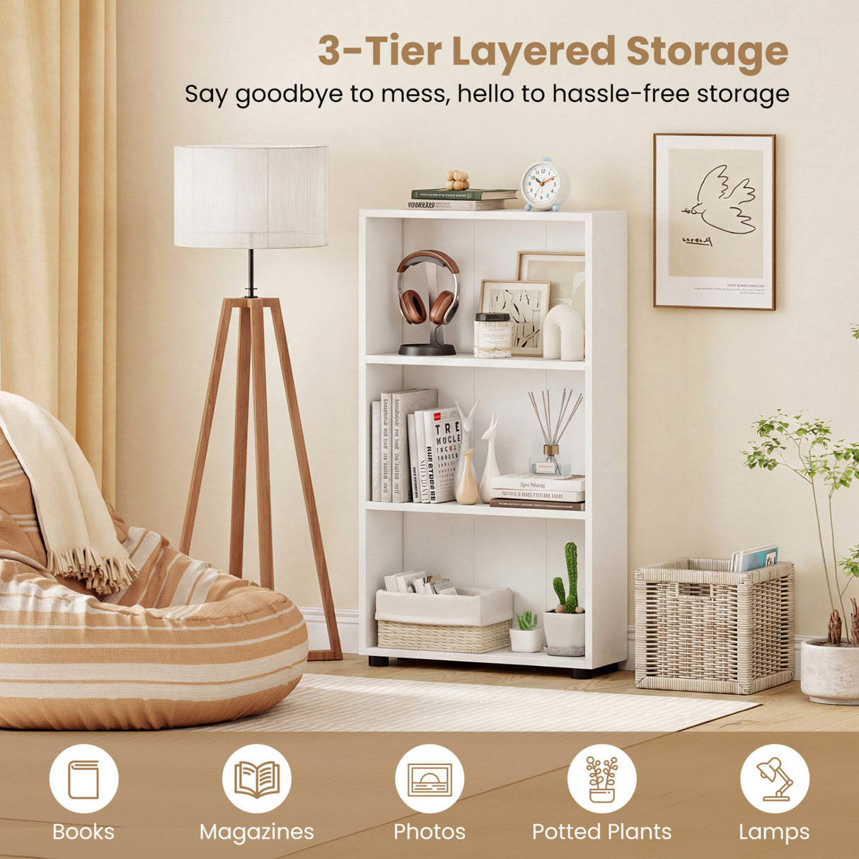 3-Tier Bookcase 42 inch Tall Book Shelf with Anti-Tipping Kit-White