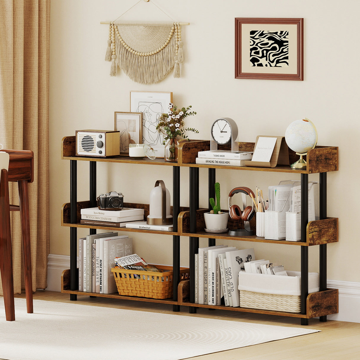 3-Tier Bookshelf with Anti-Tipping Kit and Industrial Storage Unit for Living Room-Rustic Brown