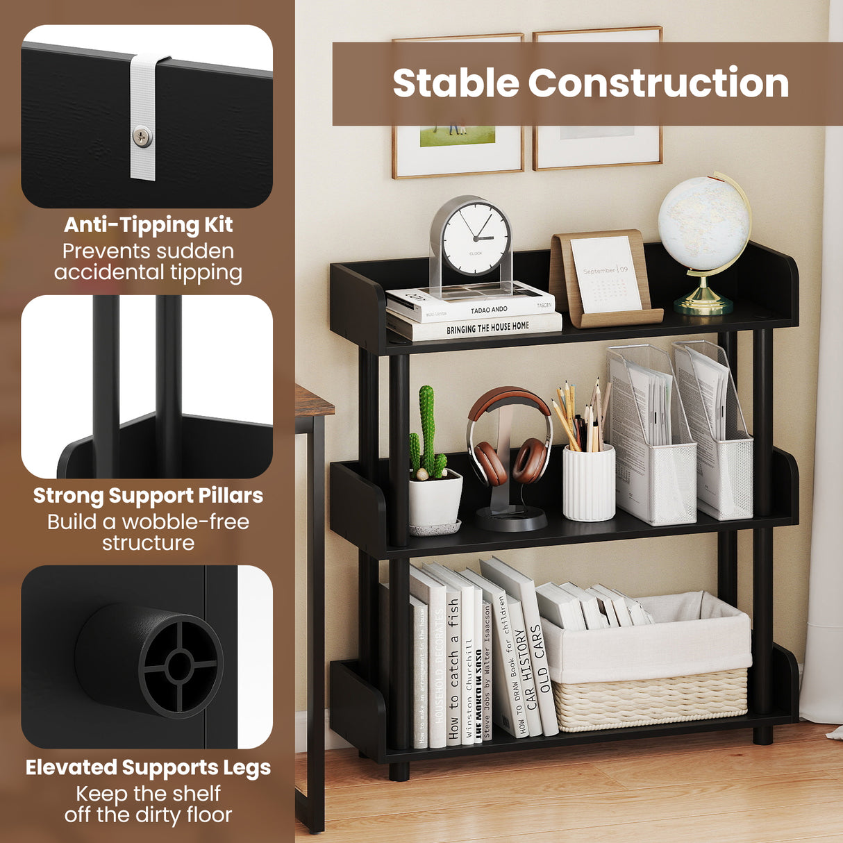 3-Tier Bookshelf with Anti-Tipping Kit and Industrial Storage Unit for Living Room-Black