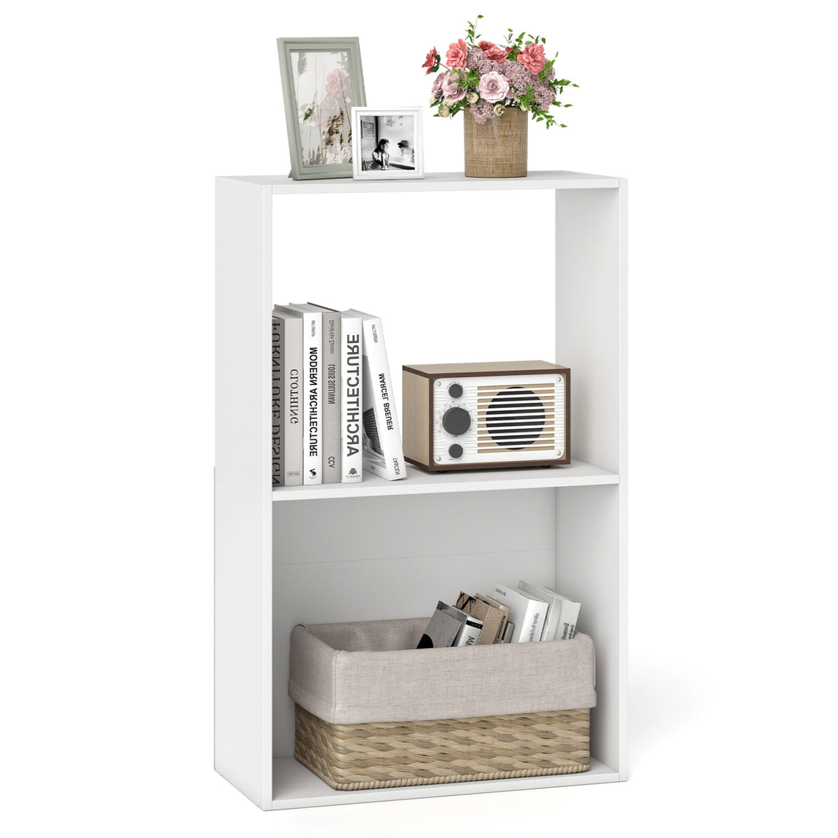 3-Tier Bookshelf with Open Storage Compartment and Freestanding Display Shelf-White