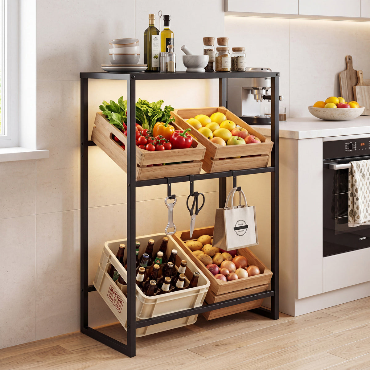 3-Tier Drink Crate Rack with Shelf for Beer and Water for Kitchen and Garage-Black