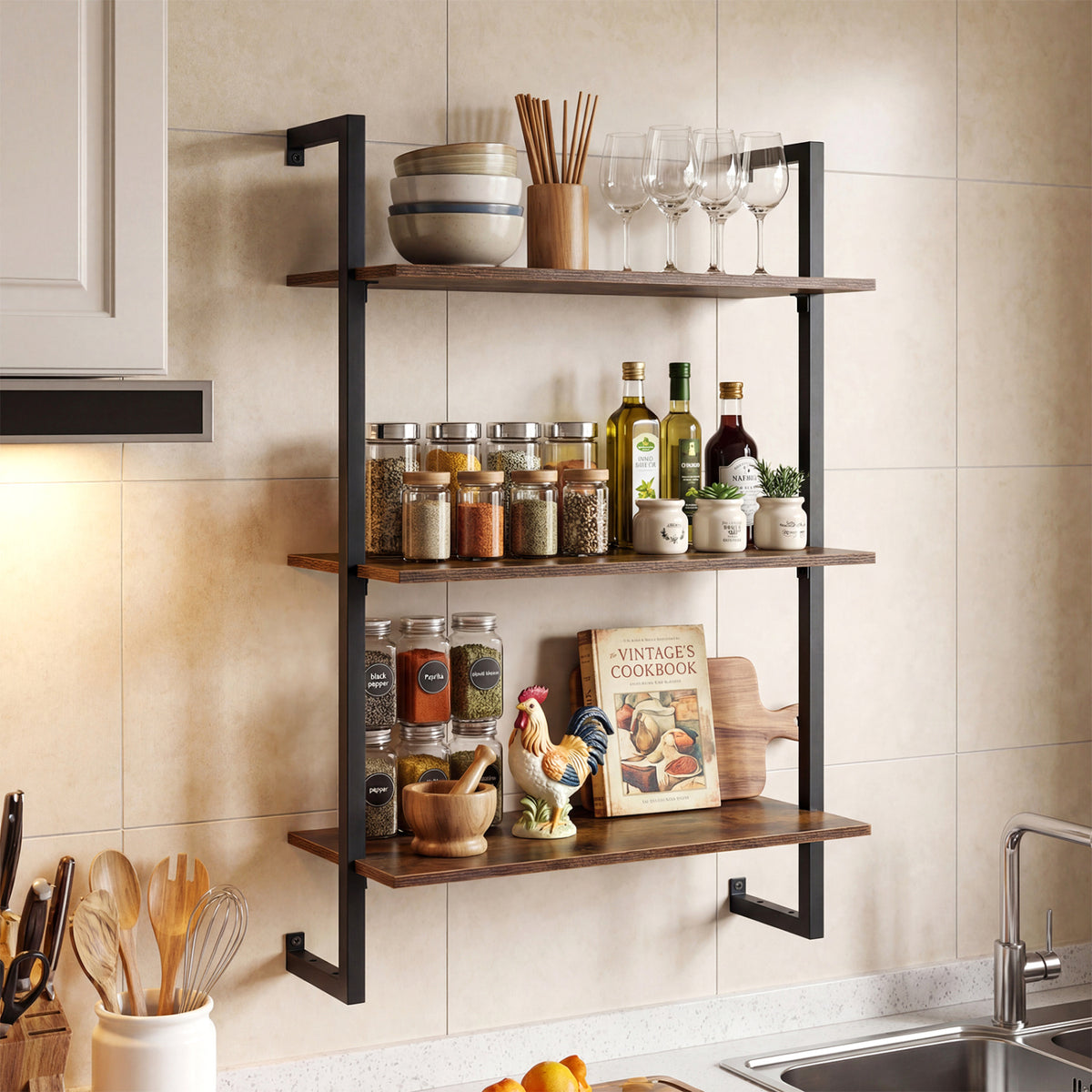 3-Tier Floating Modern Kitchen Shelf for Living Room Home Office and Bathroom-Rustic Brown