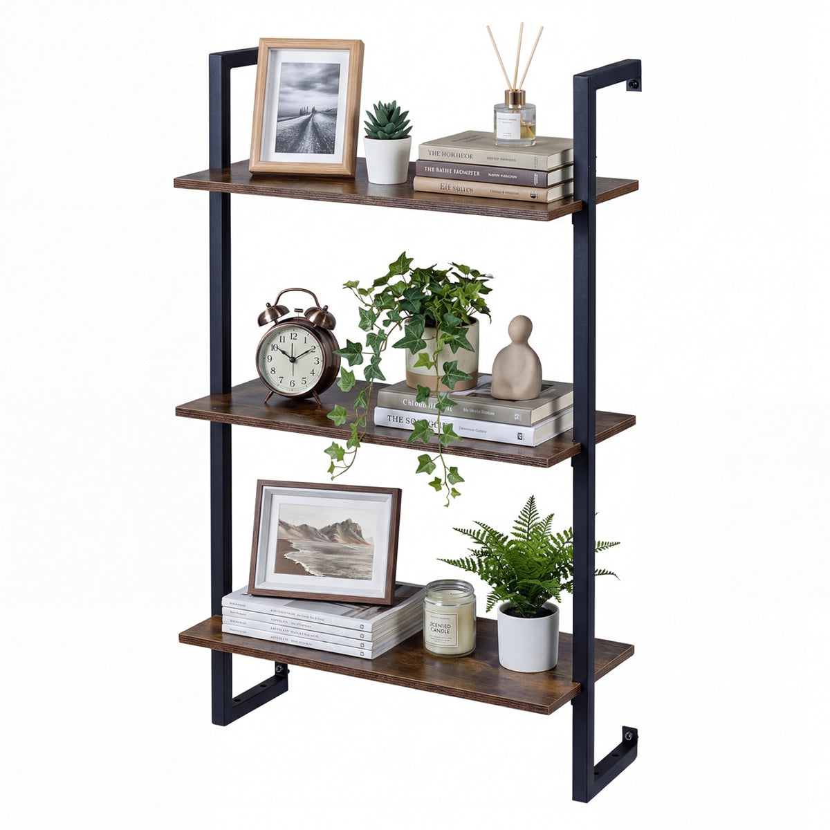3-Tier Floating Modern Kitchen Shelf for Living Room Home Office and Bathroom-Rustic Brown