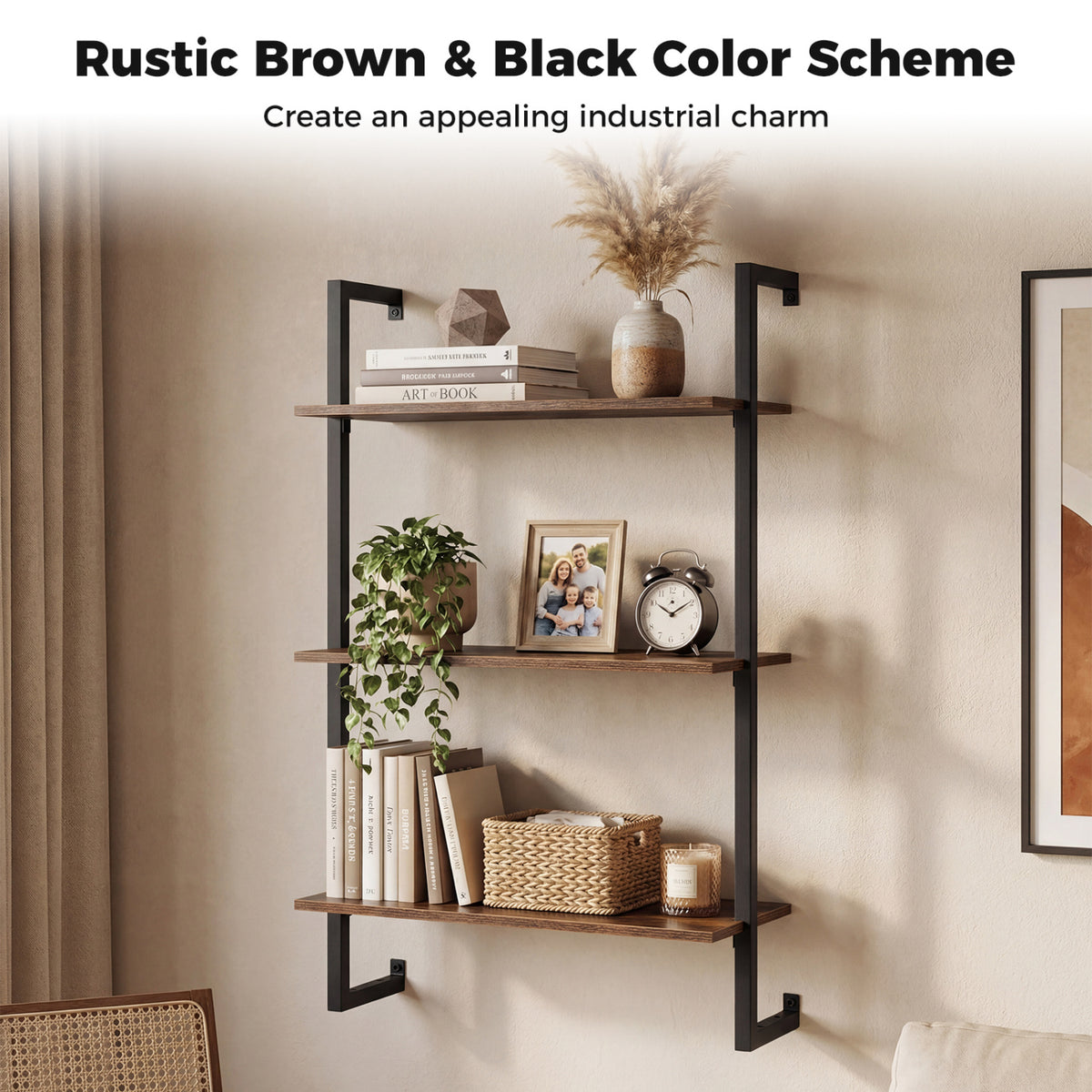 3-Tier Floating Modern Kitchen Shelf for Living Room Home Office and Bathroom-Rustic Brown