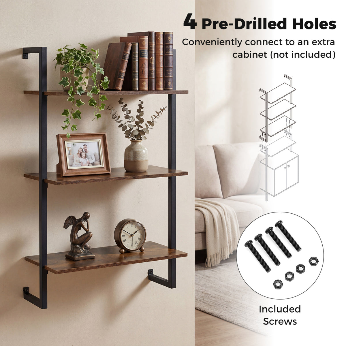 3-Tier Floating Modern Kitchen Shelf for Living Room Home Office and Bathroom-Rustic Brown