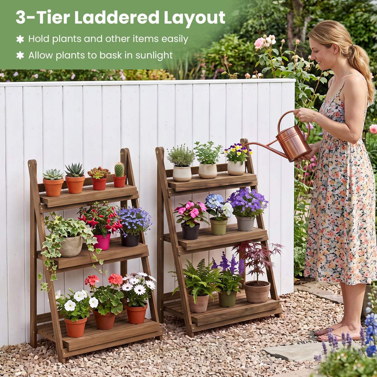 3-Tier Foldable Plant Stand with Slatted Shelves and Fir Wood Frame-Brown