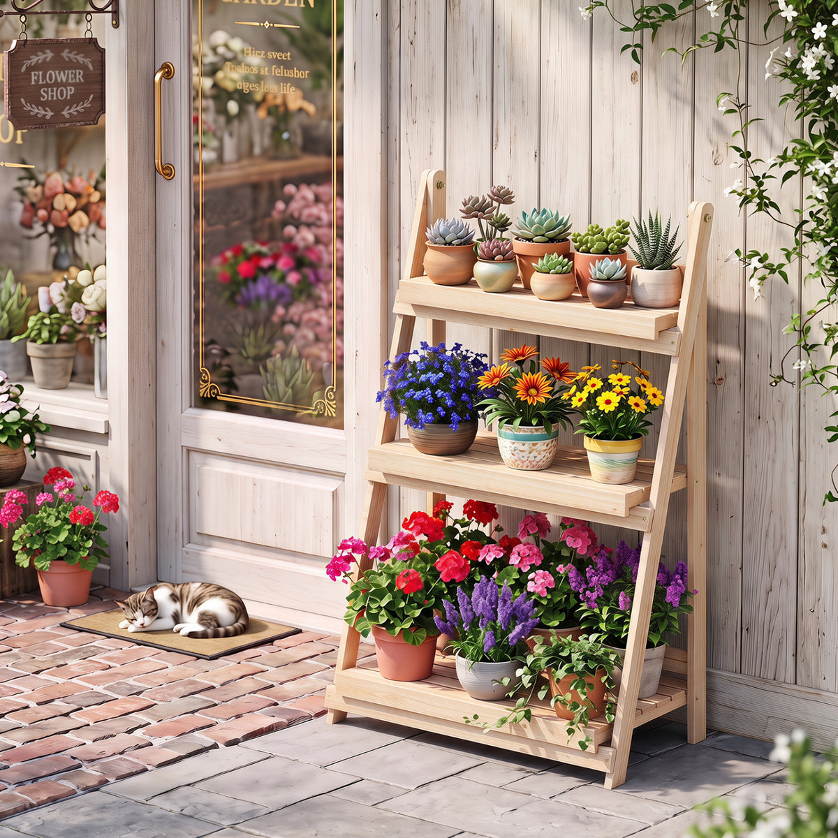 3-Tier Foldable Plant Stand with Slatted Shelves and Fir Wood Frame-Natural