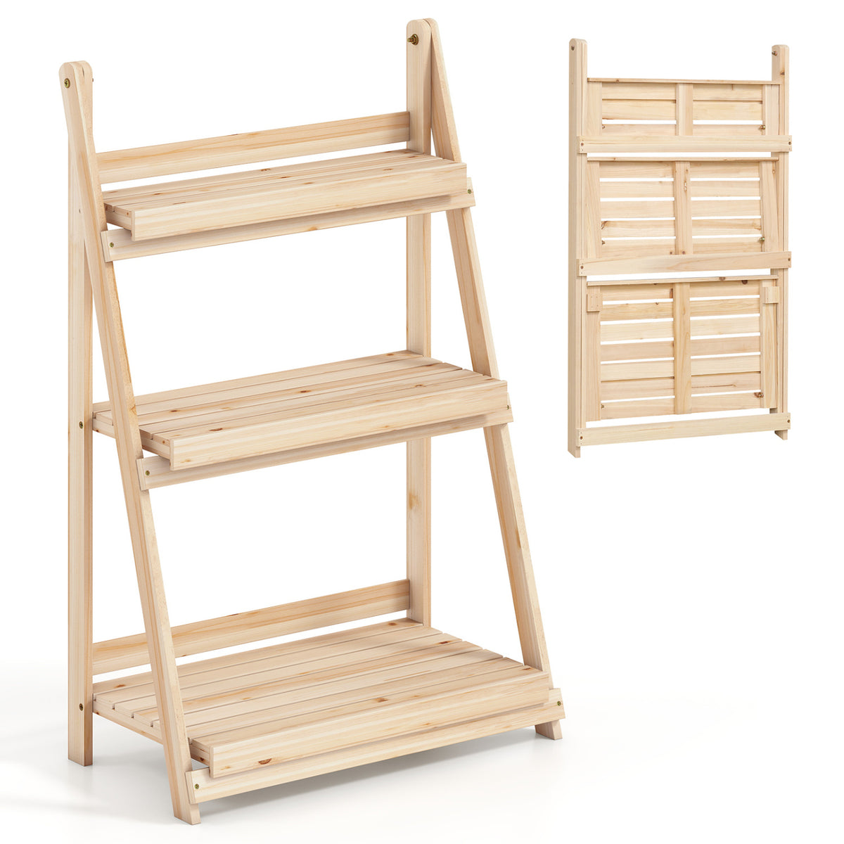 3-Tier Foldable Plant Stand with Slatted Shelves and Fir Wood Frame-Natural