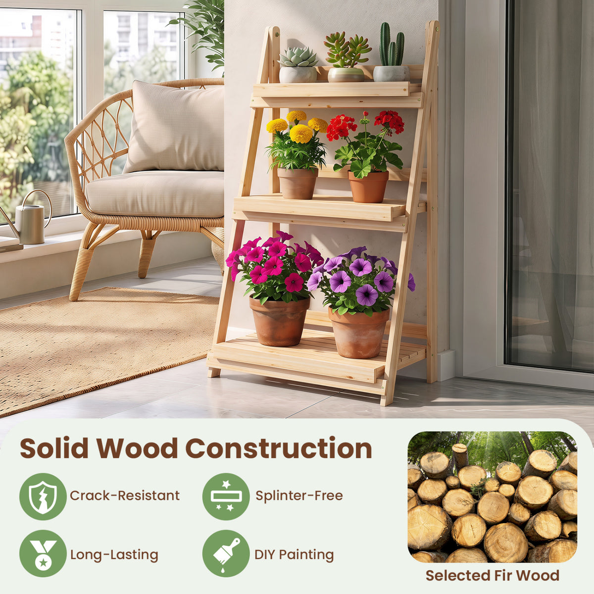 3-Tier Foldable Plant Stand with Slatted Shelves and Fir Wood Frame-Natural