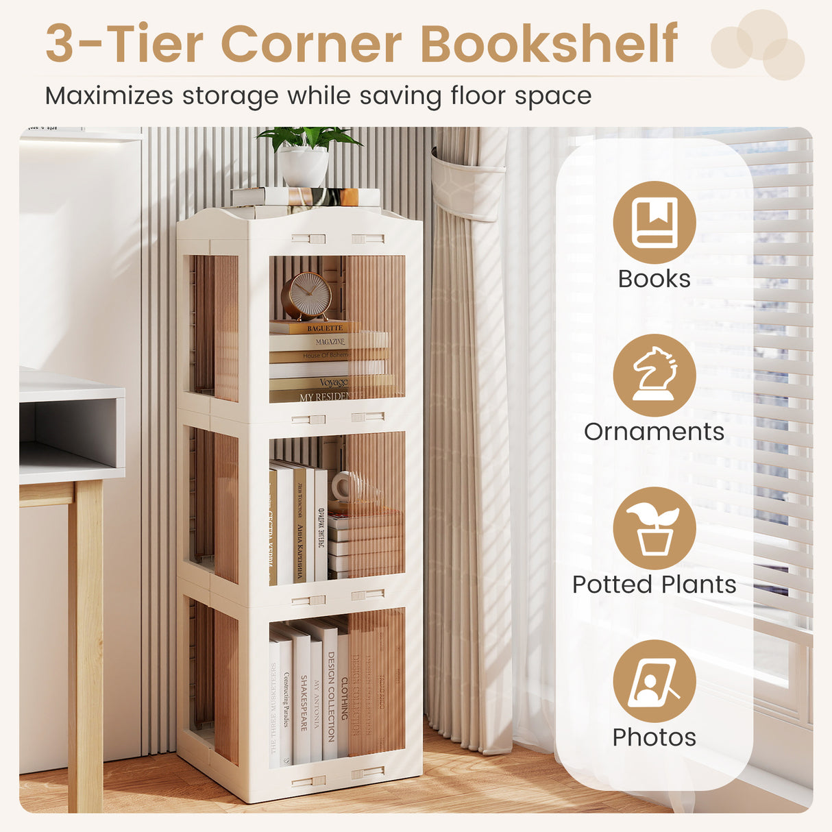 3-Tier Foldable Rotating Bookshelf with Swivel Base and Translucent Panels-White