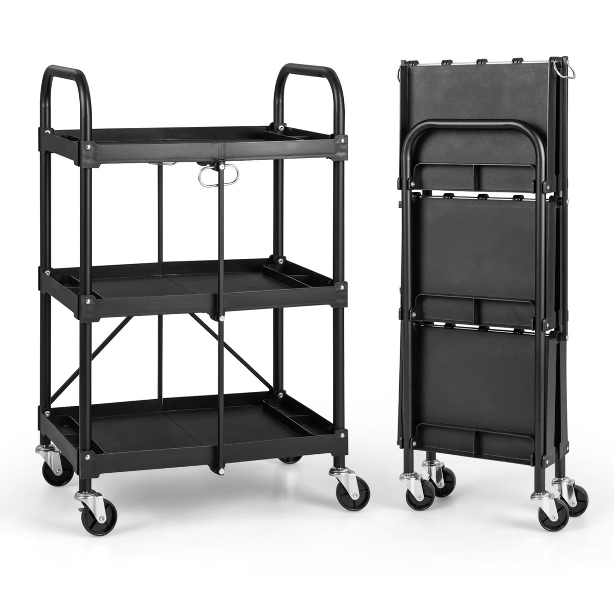 3-Tier Folding Trolley Cart with Universal Wheels Heavy Duty for Warehouse-Black