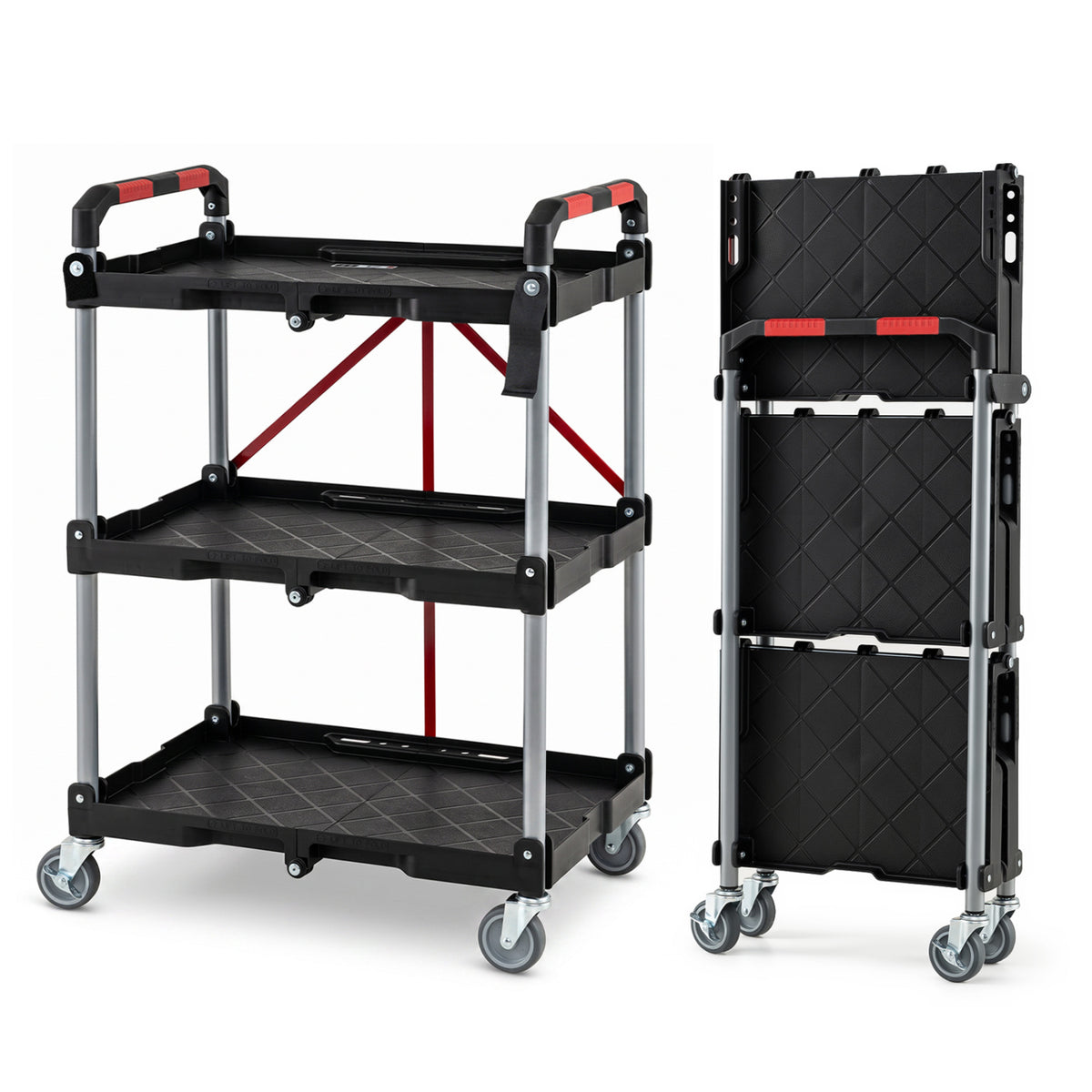 3-Tier Folding Utility Cart with Swivel Wheels and Brakes-Black