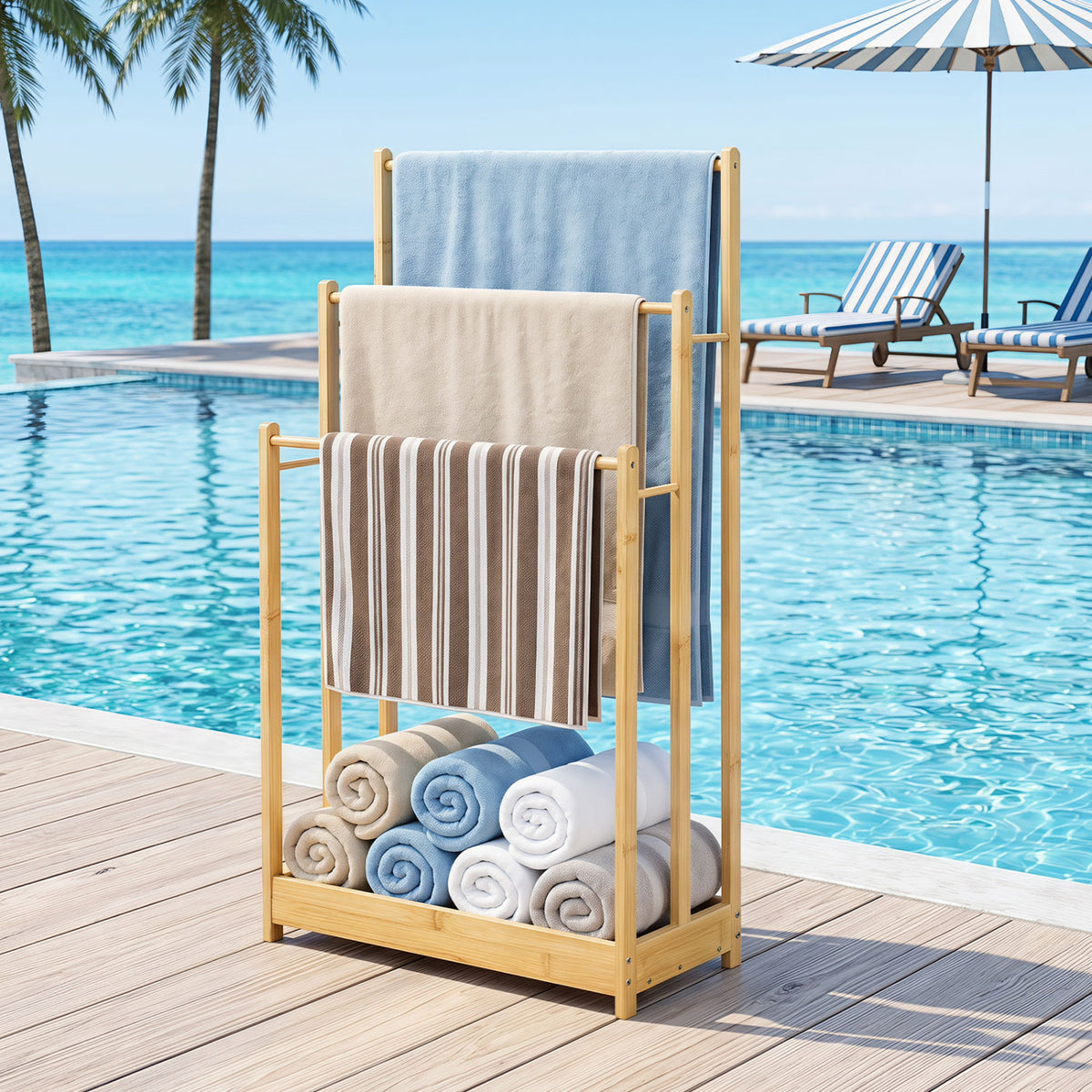 3 Tier Free Standing Bamboo Towel Rack with Storage Shelf-Natural