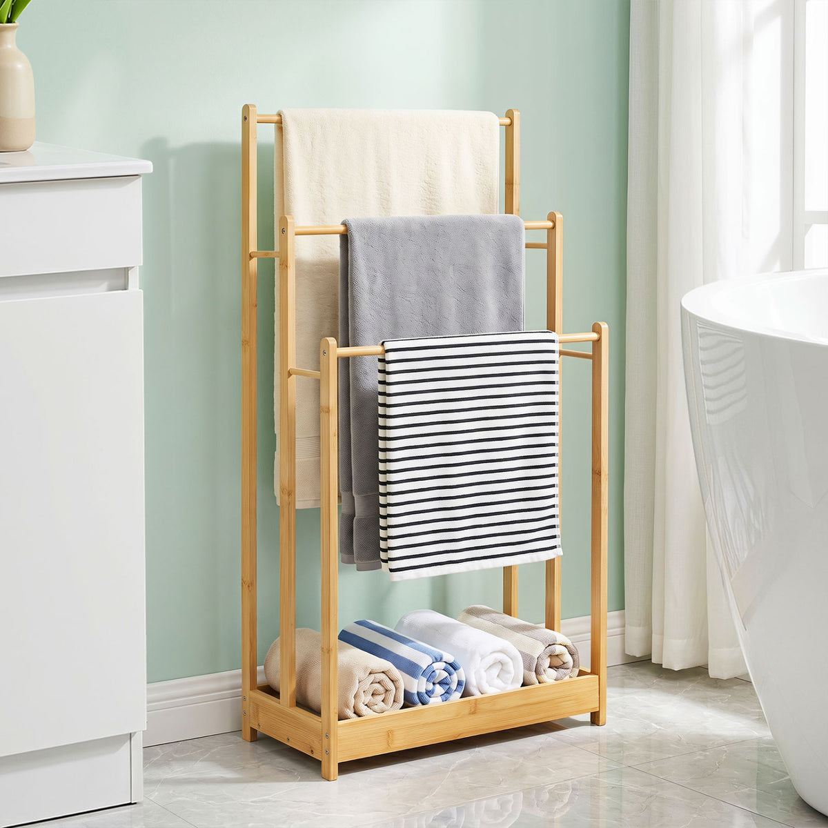 3 Tier Free Standing Bamboo Towel Rack with Storage Shelf-Natural