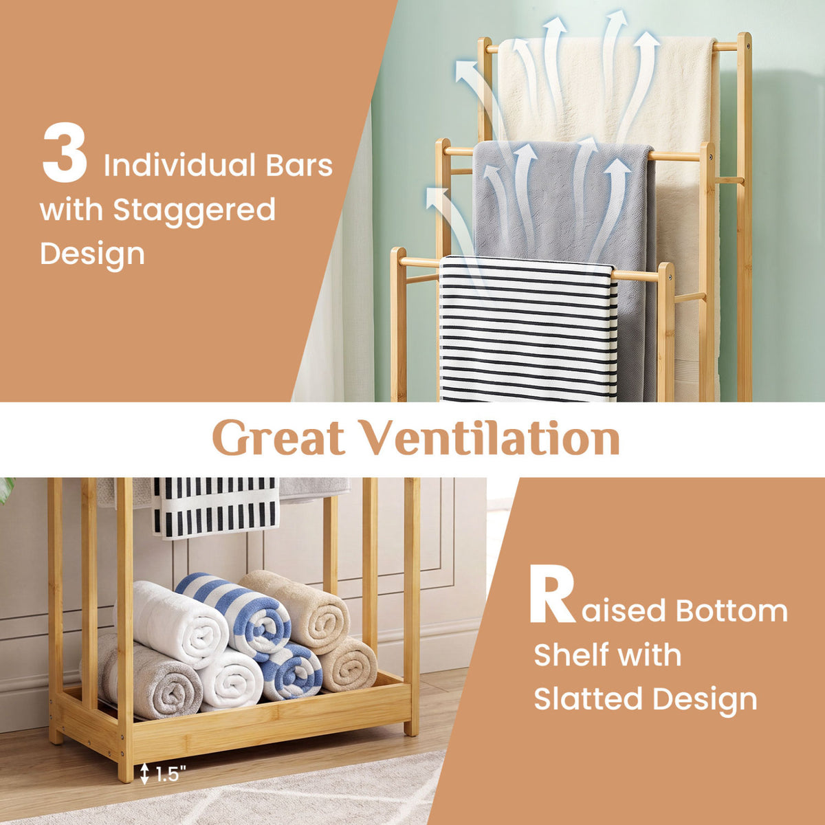 3 Tier Free Standing Bamboo Towel Rack with Storage Shelf-Natural