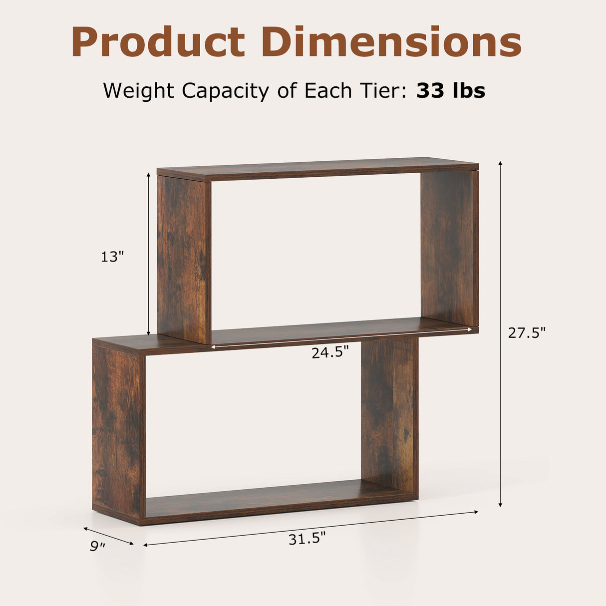 3-Tier Geometric Bookshelf Freestanding Wooden Bookcase with 2 Cubic Compartments-Brown