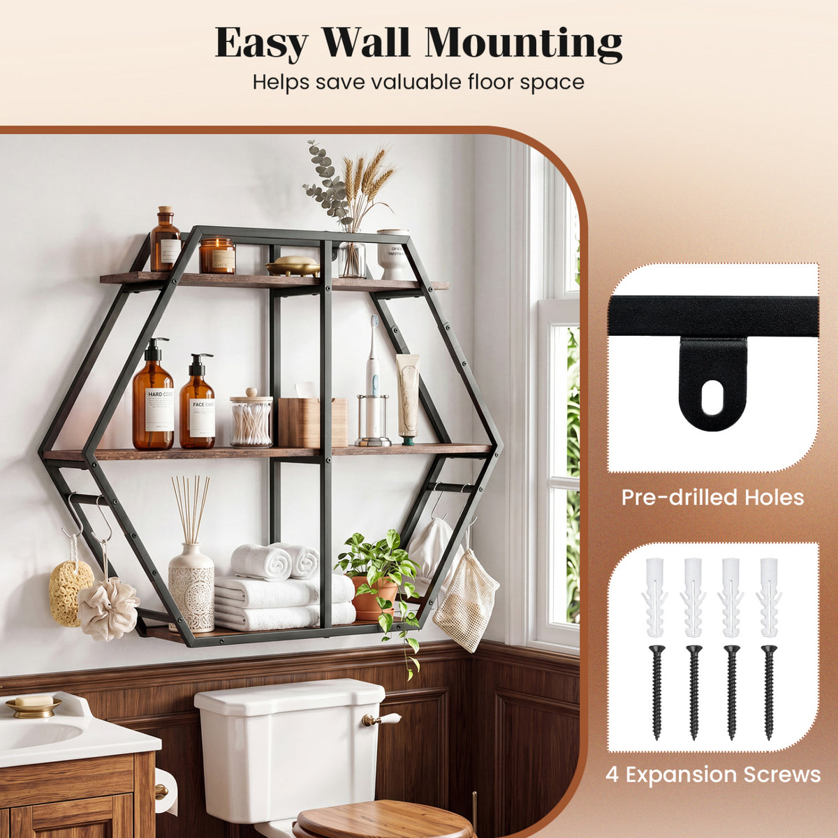 3-Tier Geometric Bookcase with S-Shaped Hooks for Living Room-Rustic Brown