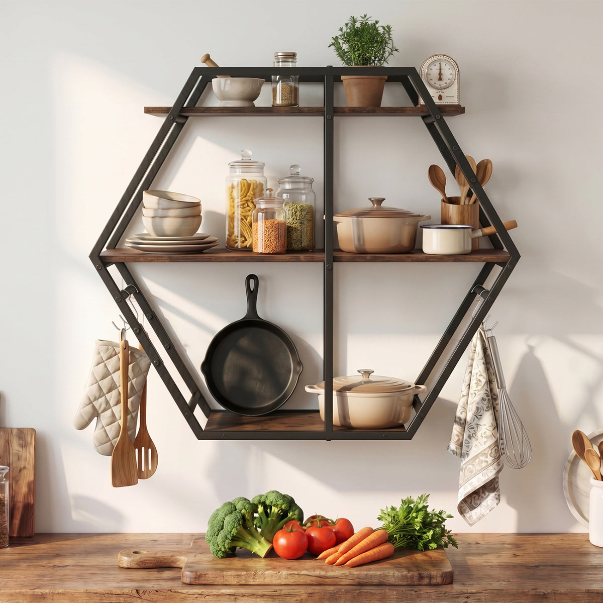 3-Tier Geometric Bookcase with S-Shaped Hooks for Living Room-Rustic Brown
