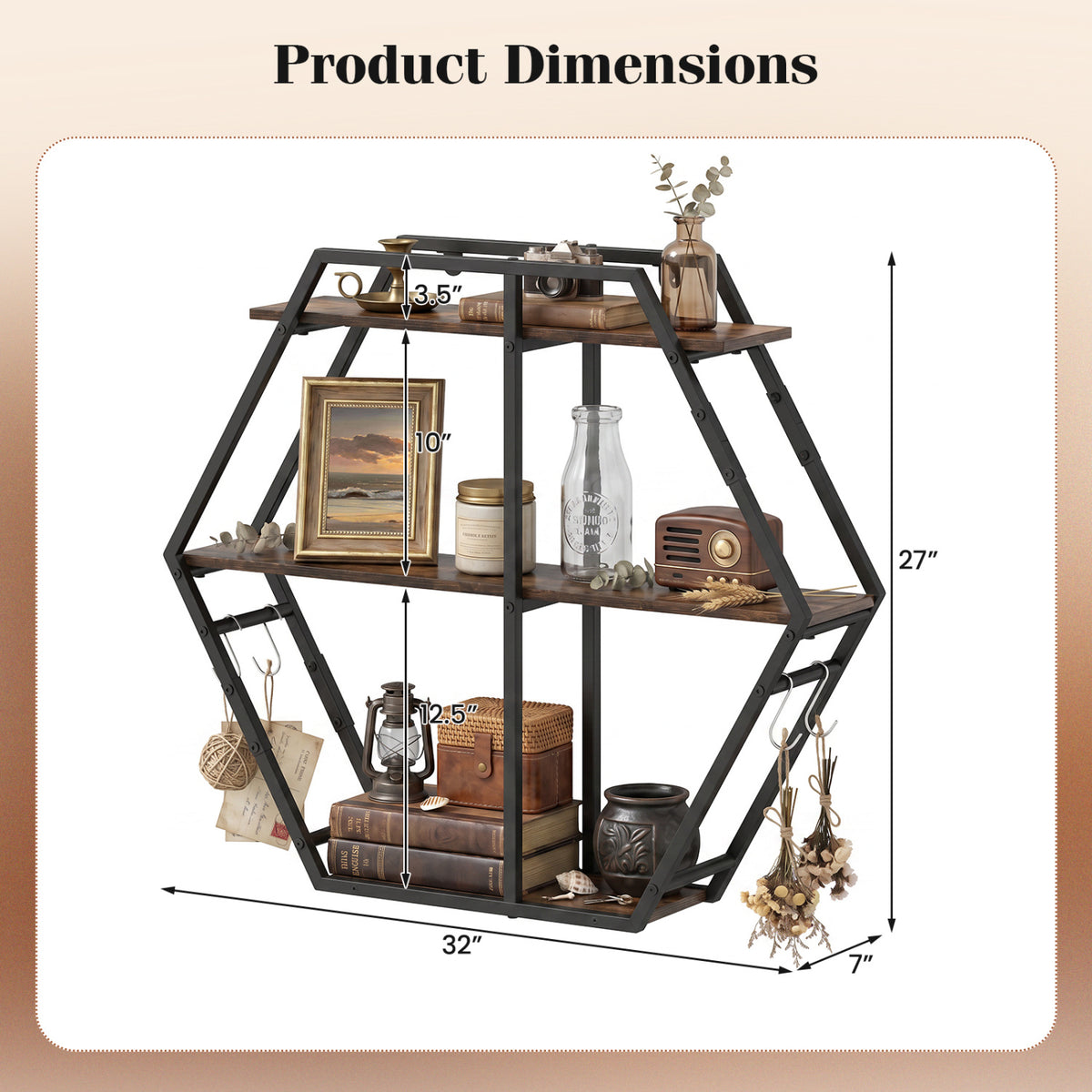 3-Tier Geometric Bookcase with S-Shaped Hooks for Living Room-Rustic Brown