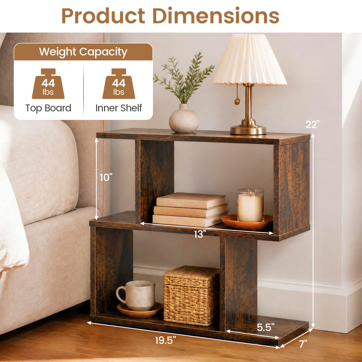 3-Tier Geometric Bookshelf Freestanding Display Shelf Side Table Set of 2-Brown