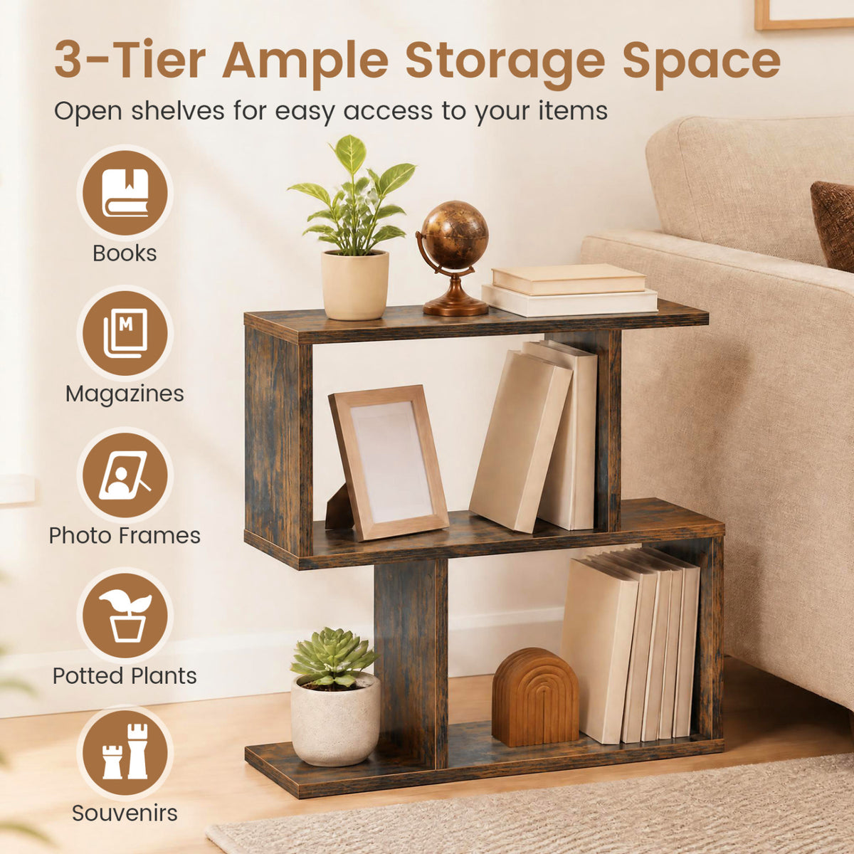 3-Tier Geometric Bookshelf Freestanding Display Shelf Side Table Set of 2-Brown